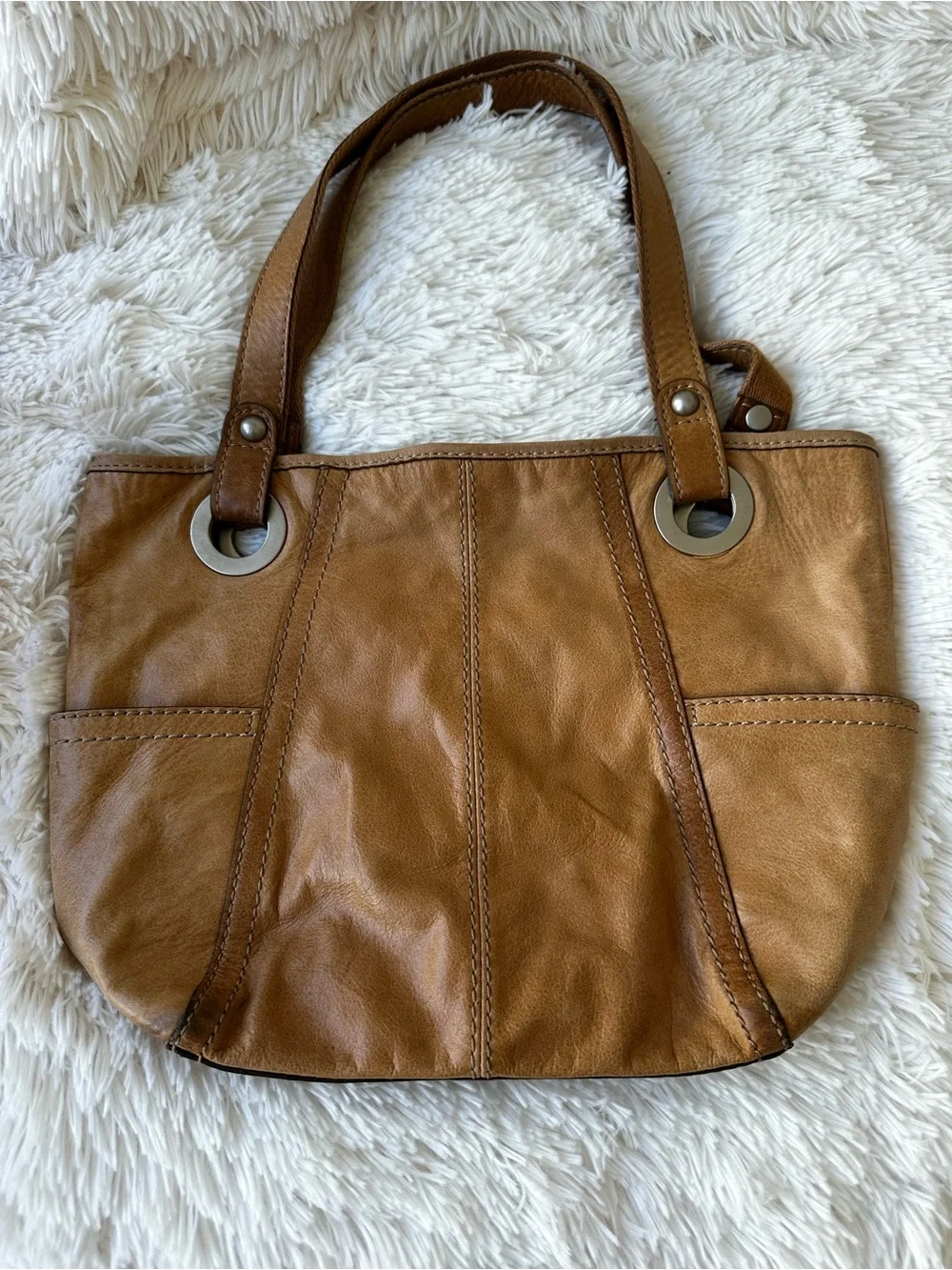 Fossil Long Live Vintage Leather Tote Bag Brown Cognac Hobo Shoulder Purse Y2K